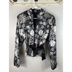 MSK Evening Jacket Black White Satiny Buttons Nehru Collar Ribbon Sash Size 16